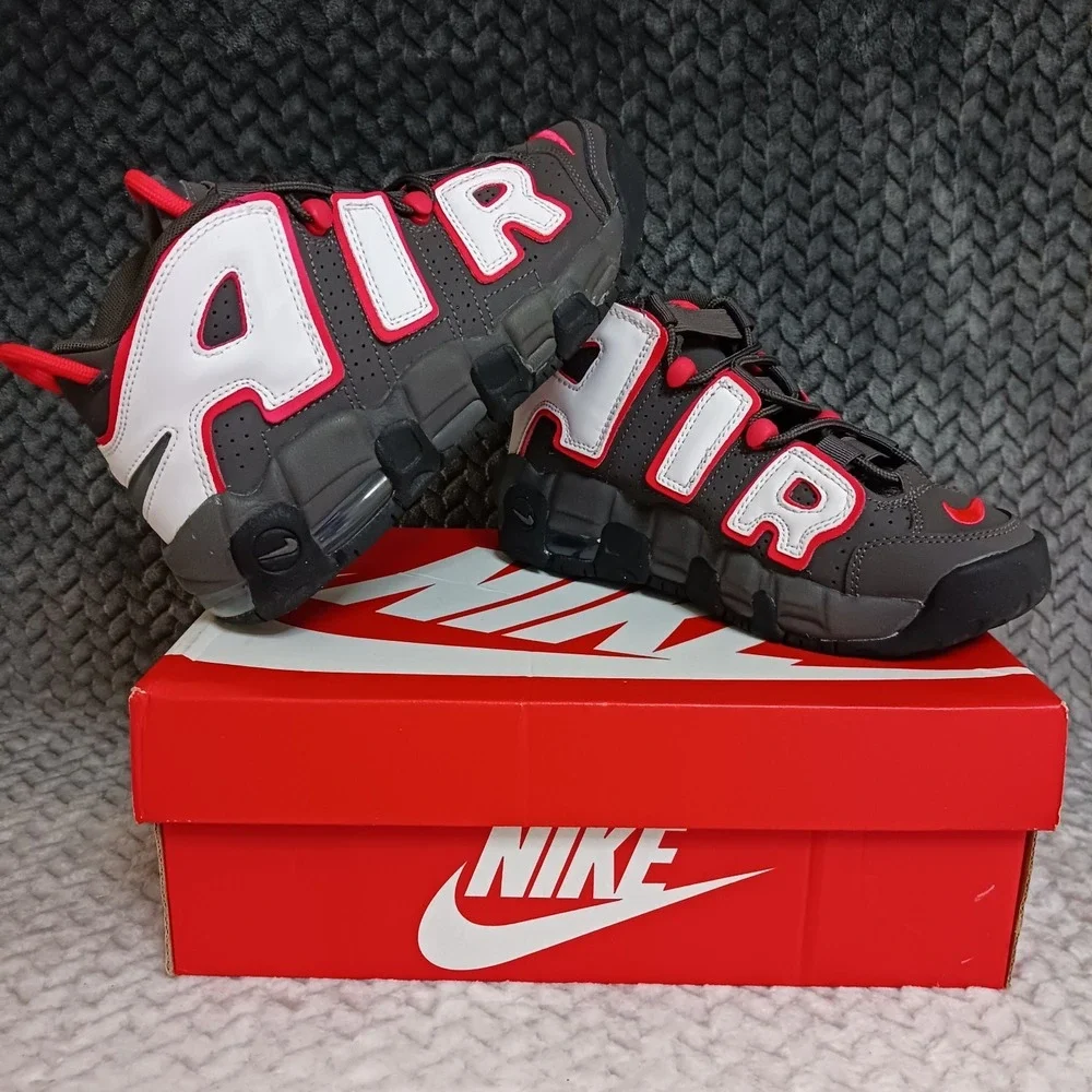Nike Air More Uptempo GS Medium Ash Red White Black Basketball Shoes Size 4Y